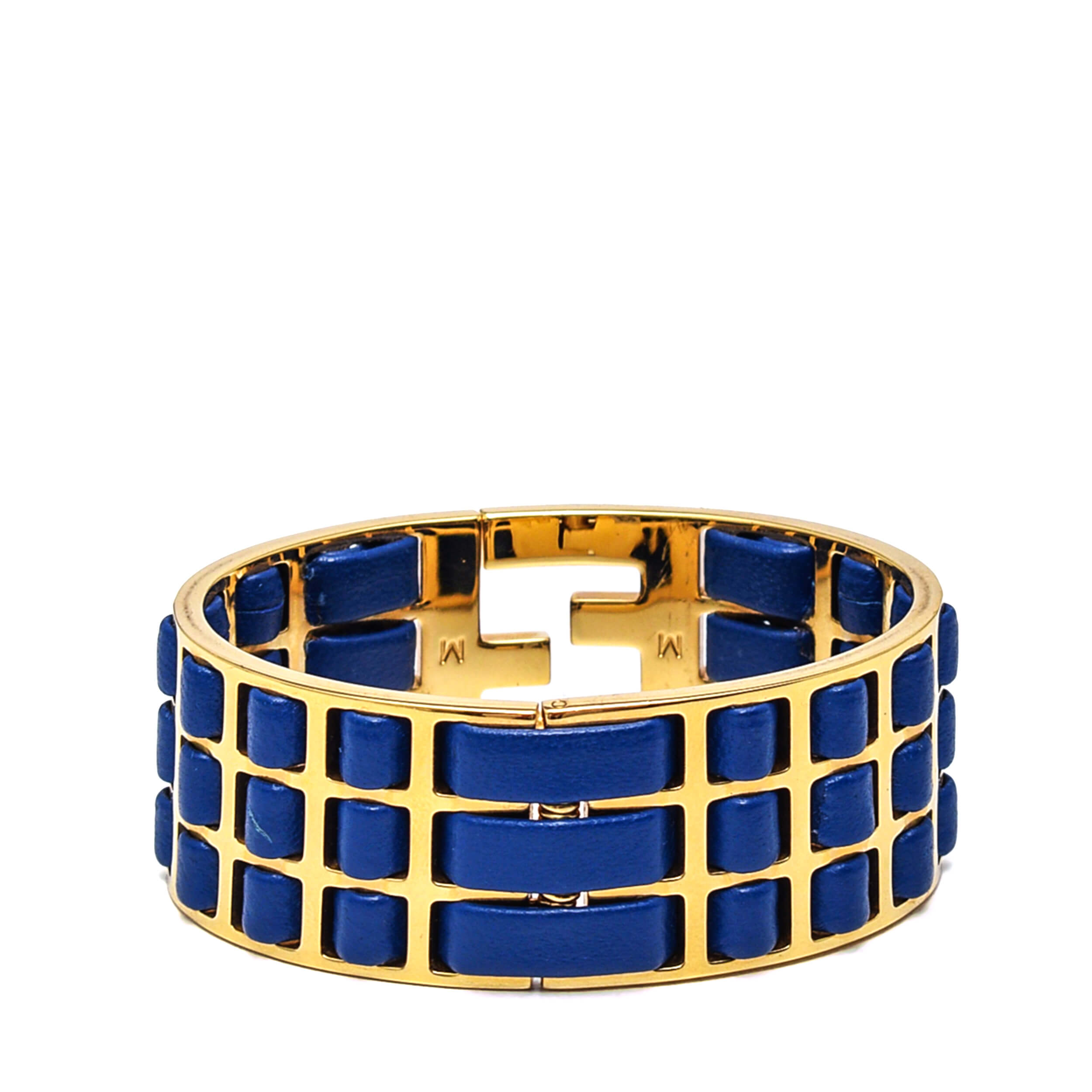 Fendi - Gold Tone&Navy Leather Fendista Bracelet M